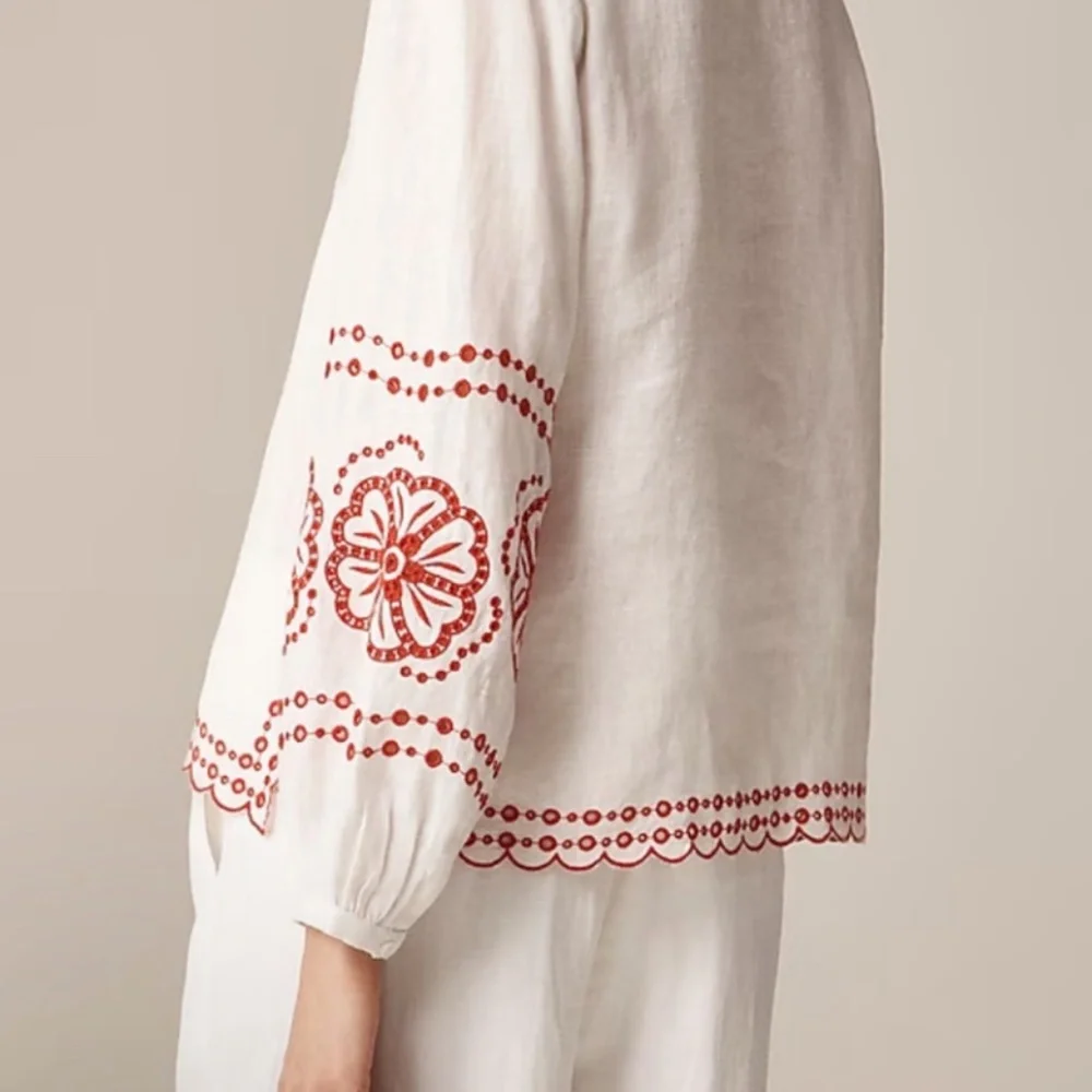 J. Crew White Linen Blouse with Red Embroidery - Picture 3 of 5